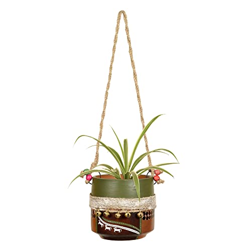 Image of AAKRITI ART CREATIONS Terracotta Hanging Planter | Jute Embellished Brown Earthen Design, Modern Art, Matte Finish | Decorative Hanging Pot for Indoor & Outdoor Home Decor
