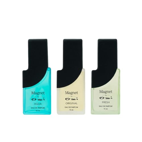Image of Ossa Magnet Aqua, Original & Floral Eau De Parfum Combo for Men & Women | Long Lasting Perfume Set | Aqua, Floral & Woody Fragrance | Daily Wear Travel Size Perfume | Unisex EDP Gift Set | 3 x 15ML