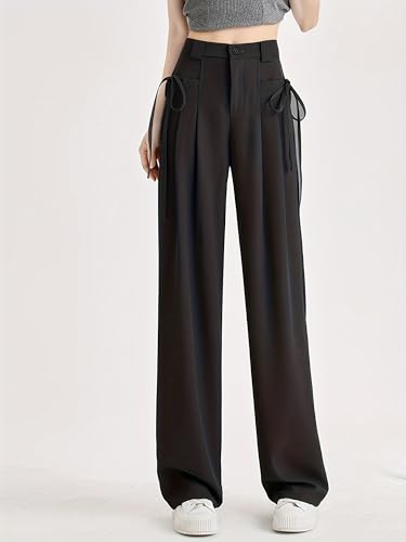 Women's Ruched Suit Pants Wide Leg Trousers Black Personality Lace Up with Pocket Elastic High Waist Baggy Pants Black XXL2