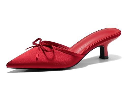 Image of Coutgo Womens Kitten Heels Mules with Bow Satin Slip on Pumps Closed Pointed Toe Dress Wedding Party Shoes