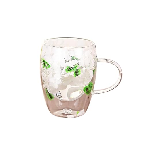 Cups with Dried Flowers, 350ml Double Walled Clear Coffee Cup with Handle, Drinking Cups, Beverage Glasses for Hot Cold Drinks, Elegant Floral Glass Mugs, Unique Dried Flower Glassware for Tea, Coffee