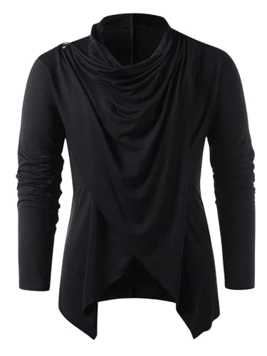 OYOANGLE Men's Long Sleeve Pile Heap Collar Pullover Top Irregular Hem Vintage Punk Tee Tops