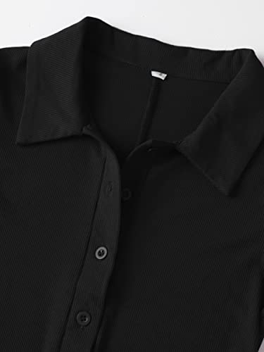 Lilycoco Women's Collar Button Front Short Sleeve Ribbed Knit Romper Bodysuit Playsuit Black Solid Large #TOP4