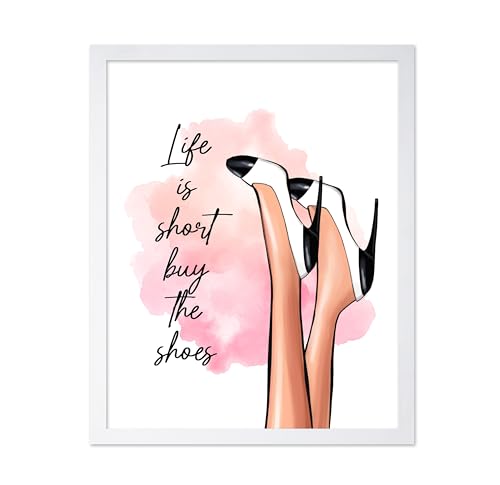 Image of Poster Master Life is Short Buy The Shoes Poster - Fashion Print - Trendy Art - Modern Art - Gift for Her & Fashionista - Luxury Haute Couture Decor for Bedroom or Girls Room, 8x10 White Framed