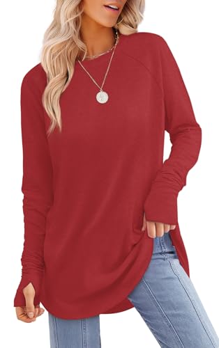 Image of XIEERDUO Womens Tunic Tops to Wear with Leggings Long Sleeve Thumb Hole Shirts Crew Neck Curved Hem