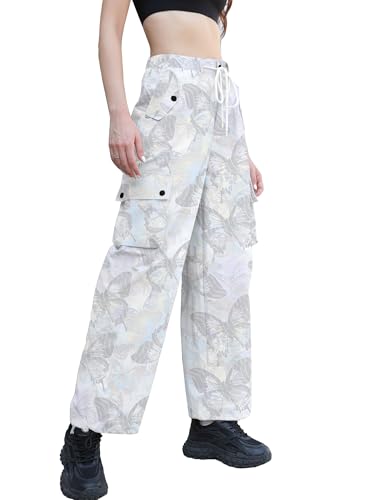Image of Betusline Girls & Women's High Waist Wide Leg Cargo Pants Y2K Parachute Pants with Pockets and Drawstring 6 Years-Women 2XL