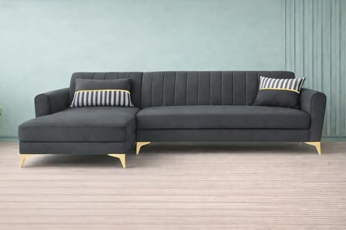 Image of Adorn India Premium Luster 6 Seater L Shape Sofa Set | Velvet Suede Fabric | 3-Year Warranty | LHS |Color Dark Grey with Golden Legs & Striped Pattern Cushion