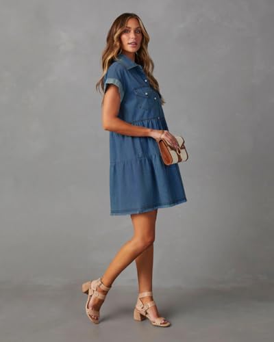 Image of HBQ Women's Casual Babydoll Denim Shirt Dresses Short Sleeve Loose Fit Button Down Mini Jean Dress