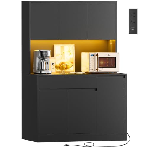 Image of TEENFON Pantry Cabinet with Charging Station and LED Light, Kitchen Pantry Cabinet with Microwave Stand, Kitchen Storage Cabinets with Adjustable Shelves and Door Shelves for Dining Room, Black