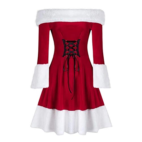 JURTEE Women Fashion Red Festival Off Shoulder A Line Dress Long Sleeve Christmas Xmas Costume Swing Dress(5XL,Red)