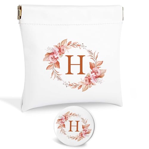 Initial Letter Pocket Cosmetic Bag,Pouches for Purse,Makeup Bag with Mirror,Purse Makeup Bag for Women Cosmetics Jewelry Charging Cable,Bridesmaid Gifts,Bridal Shower Gift Bags,Birthday Gifts-H