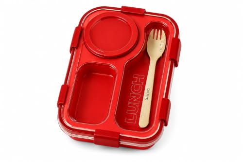 Image of Lunch Box with Compartments and Spork, Red