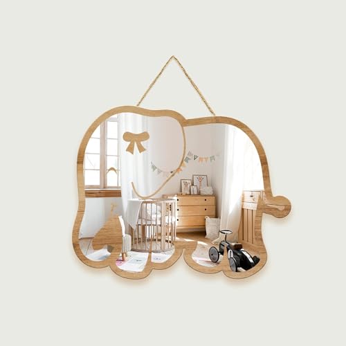 Image of Sinco Cute Elephant Patterned Silver Natural Wood Framed Acrylic to Hanging Wall Mirror Decorative Stickers Baby Kids Teen Room Nursery Bathroom Bedroom Livingroom Decoration
