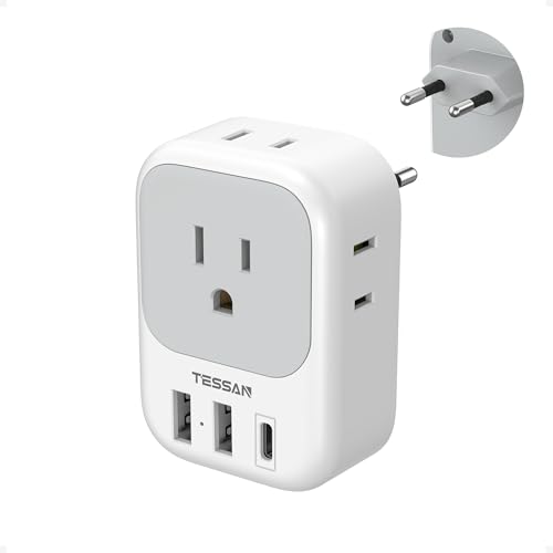 European Travel Plug Adapter USB C, TESSAN International Plug Adapter with 4 AC Outlets 3 USB Charging Ports, Type C Europe Power Adaptor for US to EU France Germany Iceland Spain Italy