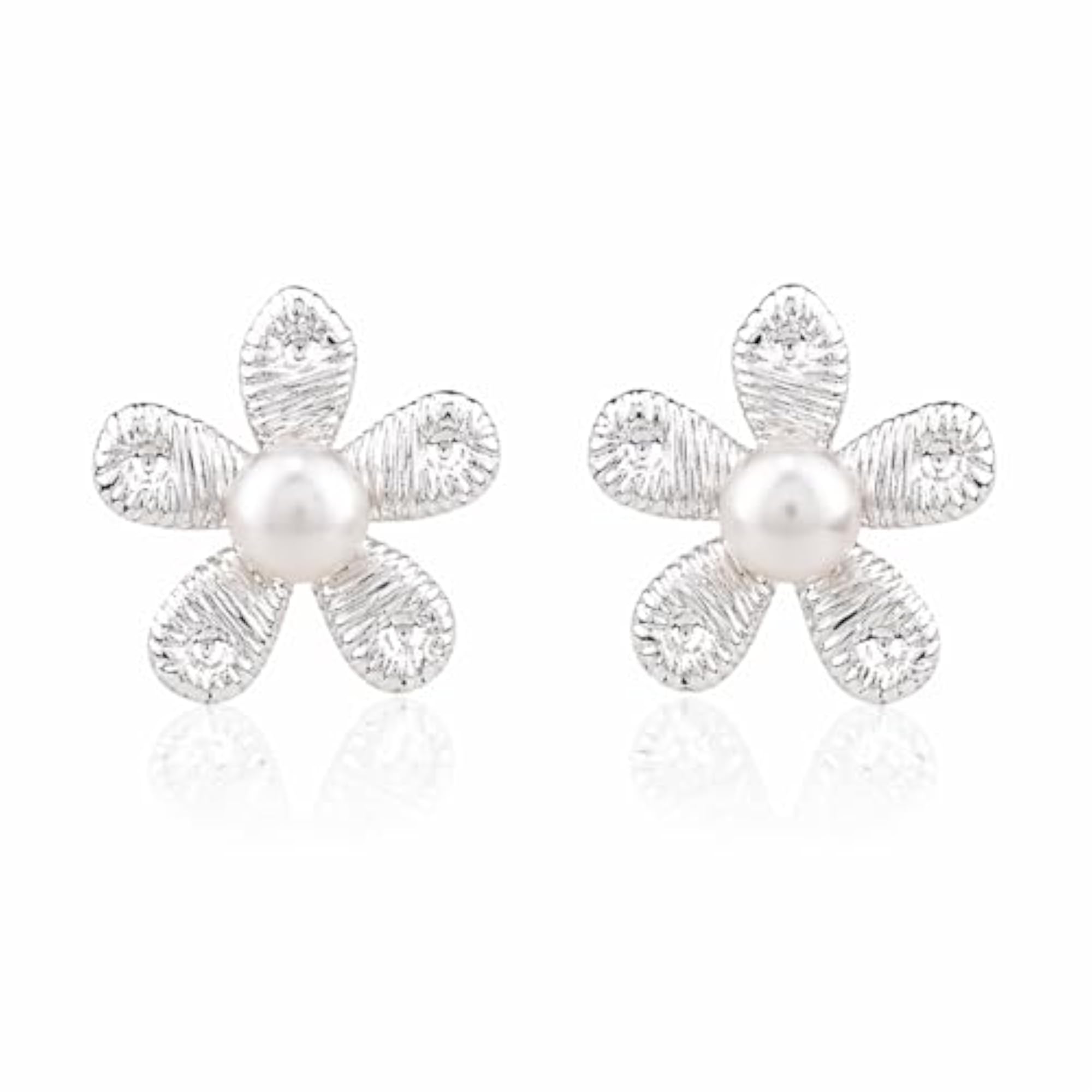 Women's Silver Plated Minimalist Floral Textured Pearl Stud Earrings