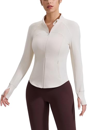 LUWELL PRO Womens Running Jackets Long Sleeve Gym Tops Zip Sport Jackets Fitness Breathable Yoga Cropped Tops with Thumb Holes,O4800Apricot,L