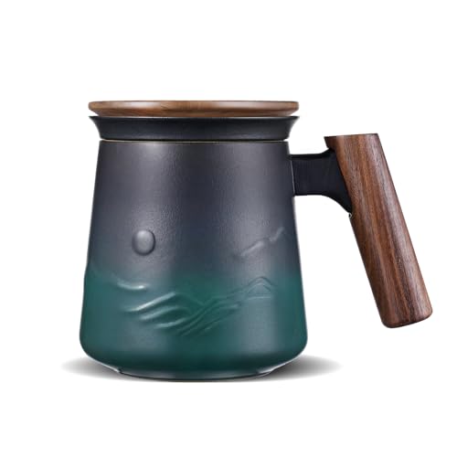 ZENS Tasse à Thé Gaufré Céramique (430ML) tasse a the et couvercle Poignée en bois, Feuilles mobiles tasse avec couvercle & Passoire pour les amateurs de...