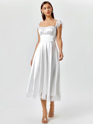 Image of EYNMIN Lace Strap Chiffon Dresses for Women Casaul Flowy A Line Midi Tea Party Dress