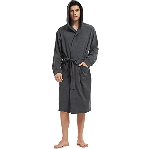 HOLOVE Men's Pure Cotton Bathrobe Lightweight Kimono and Hooded Spa Robes Soft Sleepwear