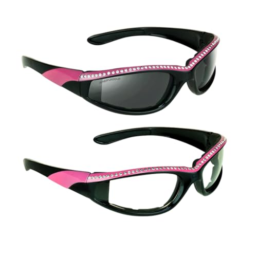 Bikershades Rhinestone Motorcycle Safety Sunglass Women Bling Foam Padded Day Smoke Night Yellow Clear Wrap Blocks Wind Dust