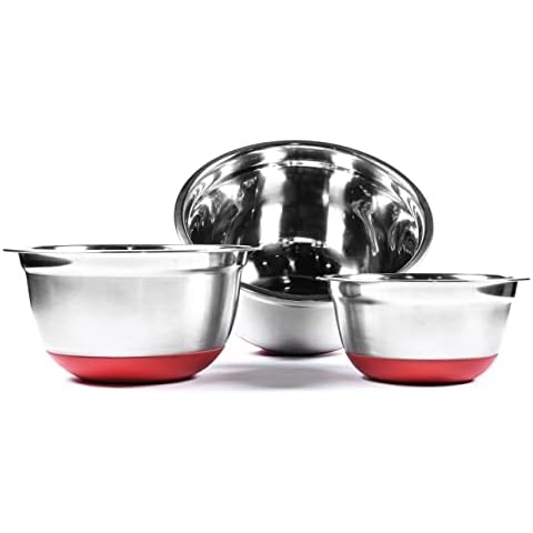 STONE & CLAY Stainless Steel Mixing Bowl Set - Set of 3 Metal Nesting Bowls with Silicone Base for Cooking, Baking, Food Prep, and Serving - Small, Medium, and Large Bowls Cover