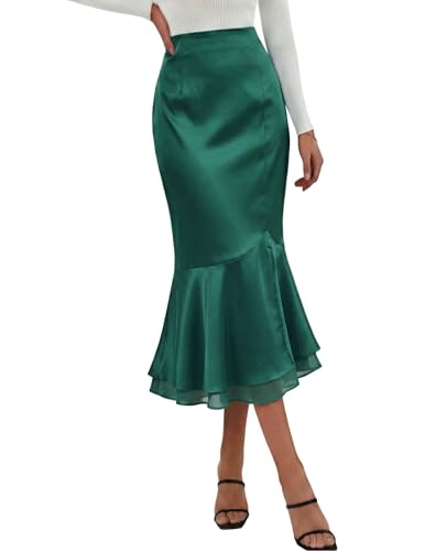DERAX Womens Satin Silk Midi Mermaid Skirt Bodycon High Waisted Flowy Ruffled Tiered Fishtail Skirts Lake Blue M