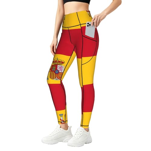 Leggings bandera de España con bolsillos mujer pantalones elásticos entrenamiento running