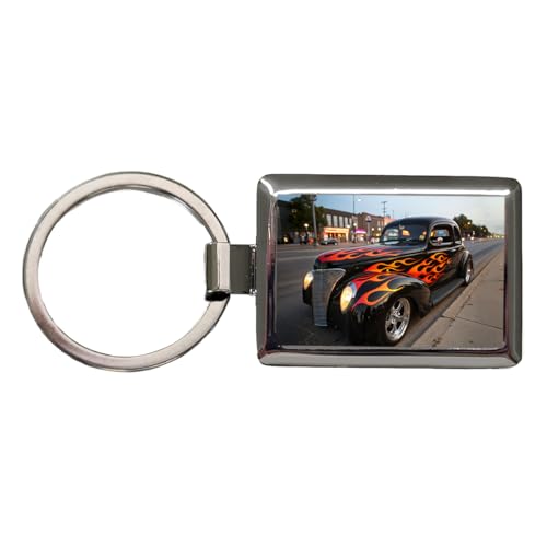 Black Hot Rod Flames Metal Keychain