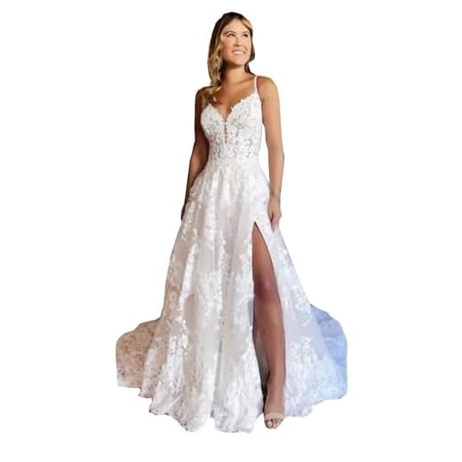 Vestido de baile de renda de seda dividido com alças finas, cauda evasê, vestidos de casamento longos para noivas, Branco, 36