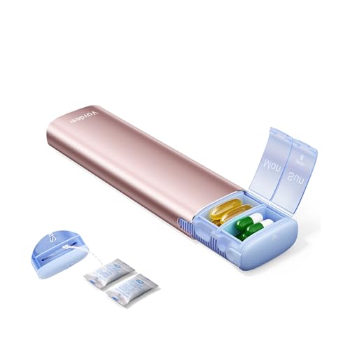 Image of Vaydeer Metal Travel Pill Organizer - Compact Weekly Pill Box for Daily Medication - Portable Small Pill Case for Vitamins, Pills & Supplements (Rose Gold)
