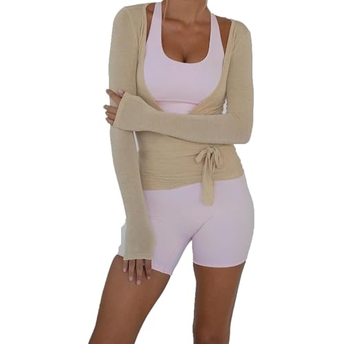 BABWWNIX Y2k Ballet Pilates Wrap Top for Women Long Sleeve Deep V Neck Tie Front Workout Yoga T Shirt Blouses Sports Tops (Light Brown, L)