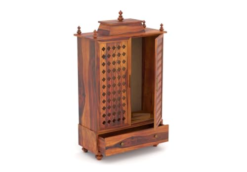 Image of Solid Sheesham Wood Temple for Home & Office /Mandir /God Stand /Pooja Stand /Home Mandap /Mandapam with Cabinet Doors & Multiple Storage (Honey-1, Large)