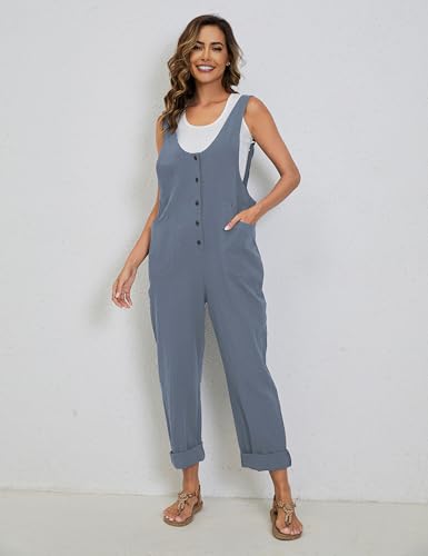 Image of Yeokou Womens Overalls Linen Cotton Jumpsuits Loose Casual Jumpers with Pockets