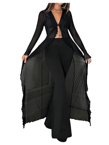 GORGLITTER Women's Sexy Tie Front Goth Cardigan Sheer Mesh Long Sleeve Y2k Tops Black Medium
