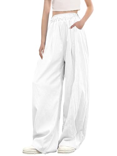 SANGTREE Girls & Woman Wide Leg Pants Lightweight Casual Elastic High Waist Straight Leg Loose Trousers,4 Years - Woman 2XL