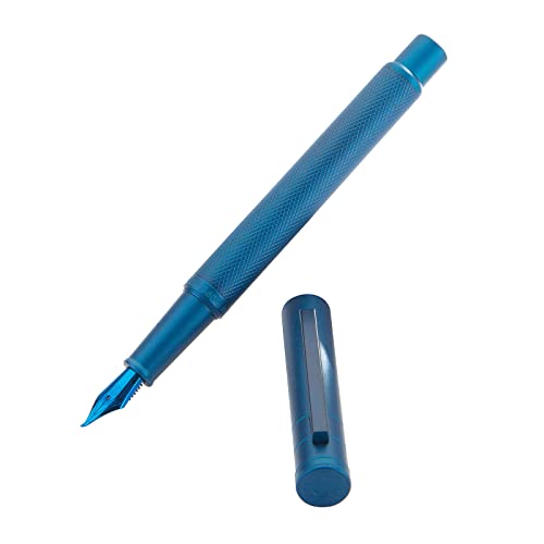 Image of Asvine Dark Blue Fude Pen, Bent Nib Calligraphy Fountain Pen (Fine to Broad) with Converter and Metal Pen Case Set