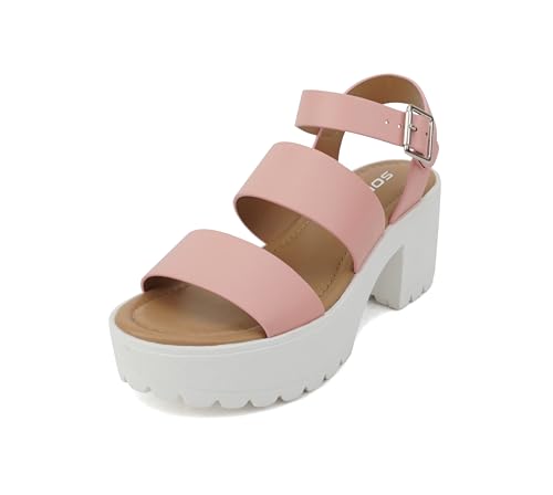 Image of Soda ACCOUNT ~ Women Open Toe Two Bands Lug sole Fashion Block Heel Sandals with Adjustable Ankle Strap