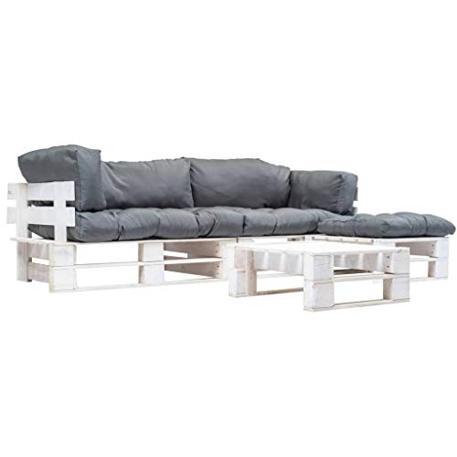 UnfadeMemory Sofa Palets Exterior con Mesa de Centro y Cojines,Sofá de Jardín,Sofás de Interior,Respaldo Extraíbles,Rústico,Sofás 220x126x65cm,Madera FSC (Gris y Blanco)