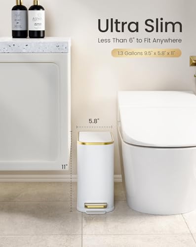 Image of Cesun Small Bathroom Trash Can with Gold Grimmed Lid & Pedal, 1.3Gal, White