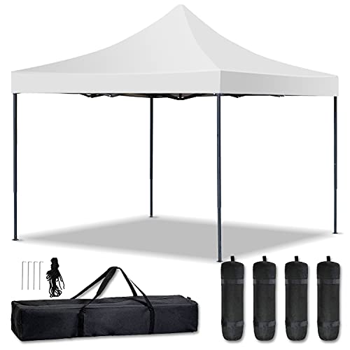 HCY Canopy Tent 10 x 10 Pop Up Canopy Ez Up Sun Shade Canopy with Backpack, 4 Sand Weights Bags, Steel Stakes Gazebos Tent for Outdoor, Wedding ,Party, Camping, Picnics (White) 118 x 118 x 129 inch