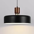 Industrial Pendant Light, Rubber Wood Dome Hanging Lamp with 15.8" Hammered Metal Shade, Black Modern Light Fixtures for Kitchen Island, Living Room,Restaurant,Farmhouse Dining Room, Bedroom, Hallway