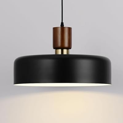 Industrial Pendant Light, Rubber Wood Dome Hanging Lamp with 15.8" Hammered Metal Shade, Black Modern Light Fixtures for Kitchen Island, Living Room,Restaurant,Farmhouse Dining Room, Bedroom, Hallway