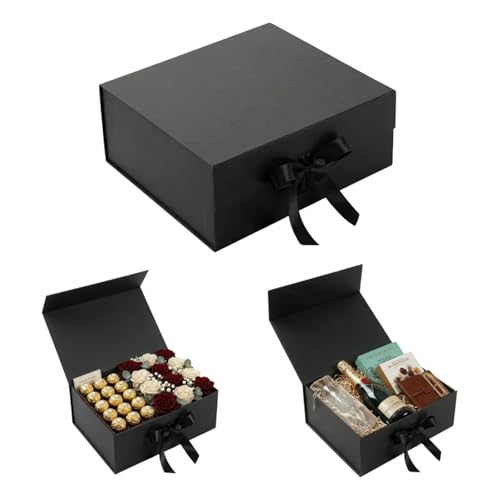 Caixa Presente Preta Dobrável 22×16×9cm Caixa de Papel Cartão com Fita e Montagem 2 Tamanhos para Embalagem de Brindes Lembrancinhas de Festas e Itens Decorativos (Pequeno)