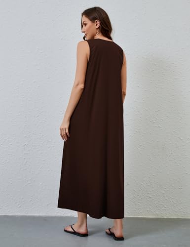 Image of OLAPTA Women Summer Sleeveless Maxi Dress Scoop Neck Ruched Loose Fit Casual Elegant Solid Vacation Long Dress with Pockets