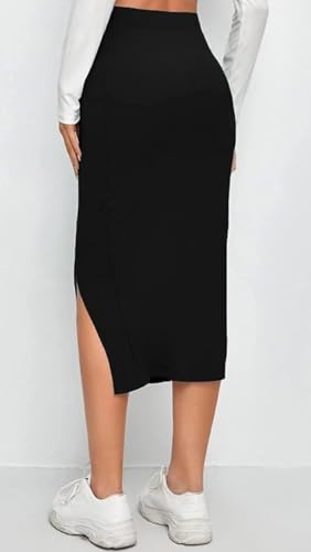 Image of Women's High Waist Bodycon Midi Skirt with Side Slit | Stretchy Pencil Skirt for Office, Casual Below Knee Length Elegant Slim Fit Skirt for Women