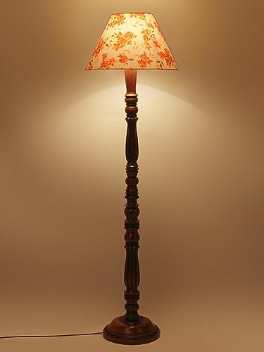 Image of Floor Lamp with Wooden Base - Height 55 Inch, Orange Floral | Modern Standing Lamp for Living Room, Bedroom & Office | Stylish & Elegant Home Lighting Decor | Decorative Lamp
