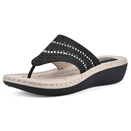 Image of CLIFFS BY WHITE MOUNTAIN Women's Comate Rhinestoned Mini Wedge Flip Flop Sandal
