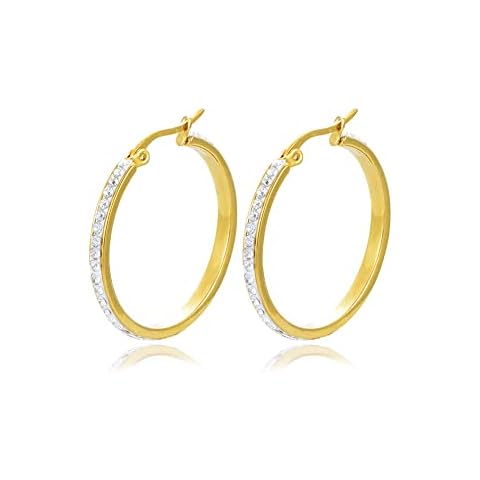 Yumay Jewellery Large 9ct Gold Plated White Crystal Hoop Earrings for Women 30mm Crystal, Crystal (UK Fashion Earrings101503) Cover