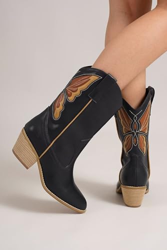 Women's Butterfly Western Booties Cowboy Boots Stacked Block Heel Boots Cowgirl Boots Pointed Toe Boots4