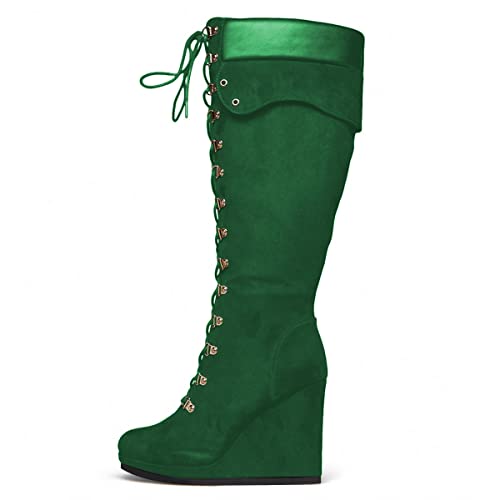 YDN Women Round Toe Knee High Boots Sexy Wedge High Heel Riding Boots Lace up Zipper Party Winter Shoes Size 4-15 US2